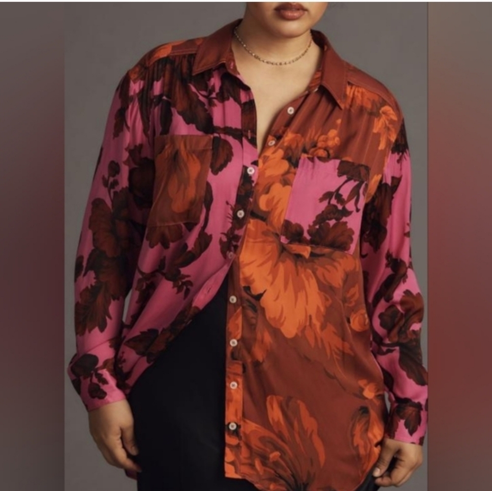 NWOT $110 By Anthropologie Relaxed Buttondown Blouse in Pink Size Large - Picture 4 of 12